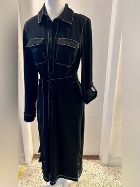 Chico's Black Shirt Dress with White Contrast Stitching and Self-Tie Belt
